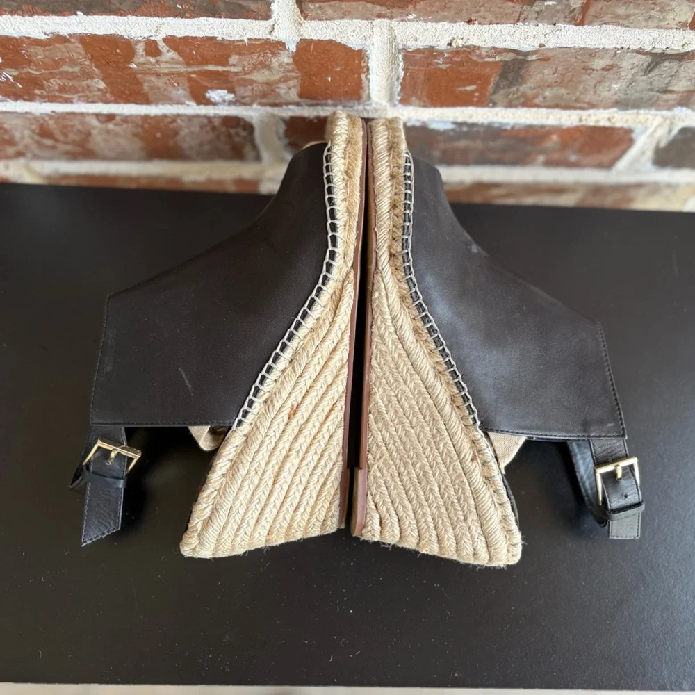 KG Kurt Geiger Nelly Black Leather Espadrille Wedge Sandals Size EU 41